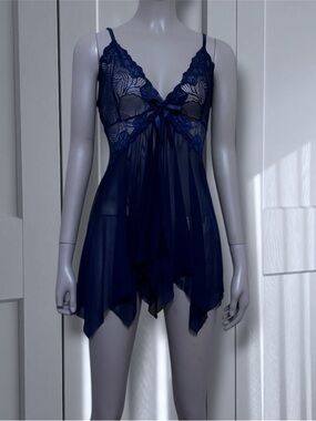 Navy Blue Lace Mesh Babydoll Slip Dress
